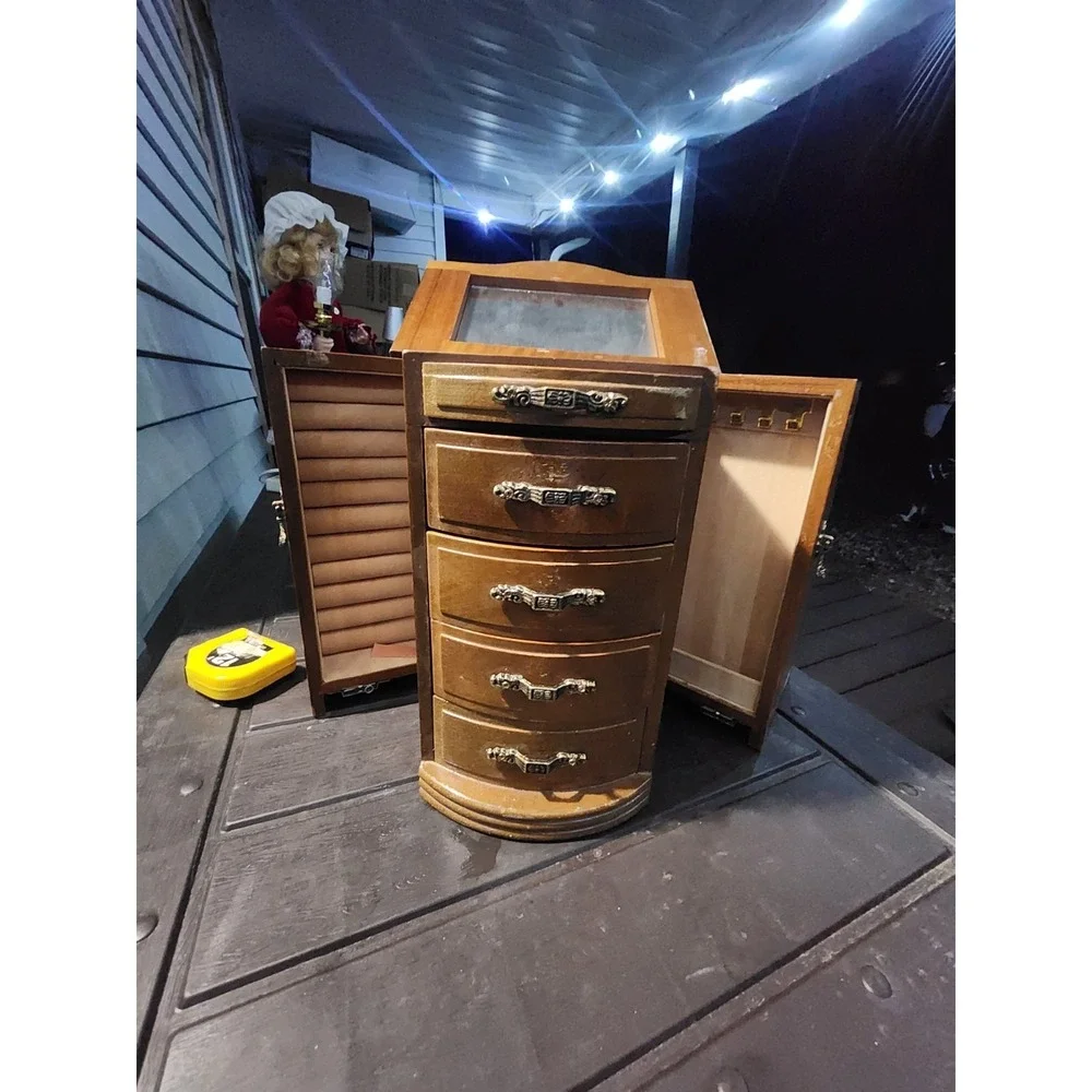 Vintage RARE Solid Wood Armoire Style Tabletop Jewelry Box, Swing Doors 5 Drawer
